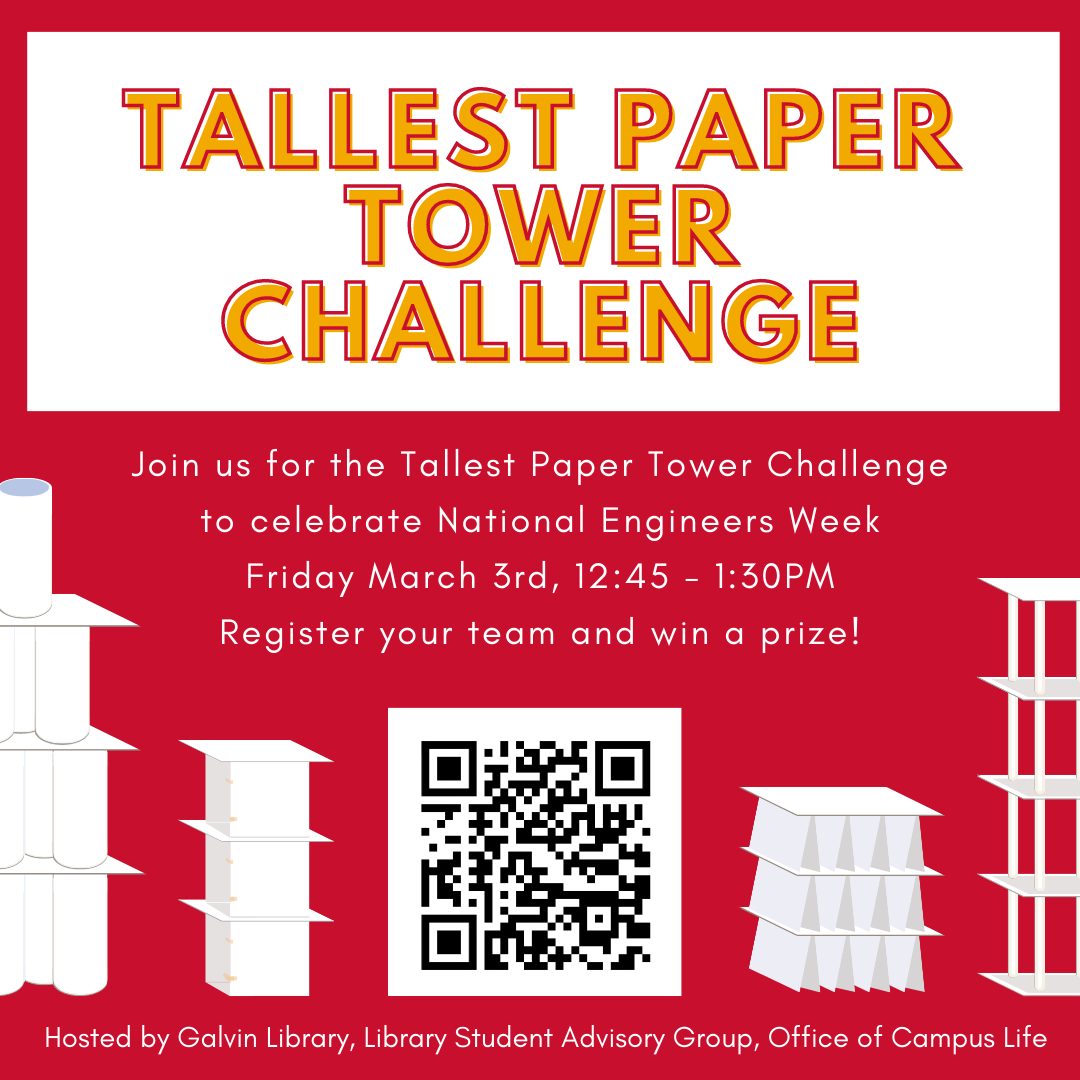 Join us for the Tallest Paper Tower Challenge to celebrate National Engineers Week. Work in teams to design and build the tallest free-standing tower using just paper, tape, and scissors. The tallest tower wins! Win a prize for your tower!