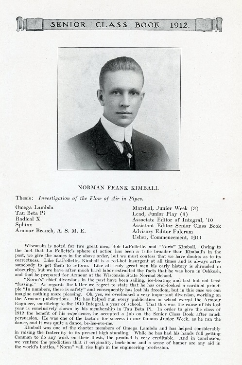 Norman Frank Kimball, from the 1912 Armour Institute Senior Class Book